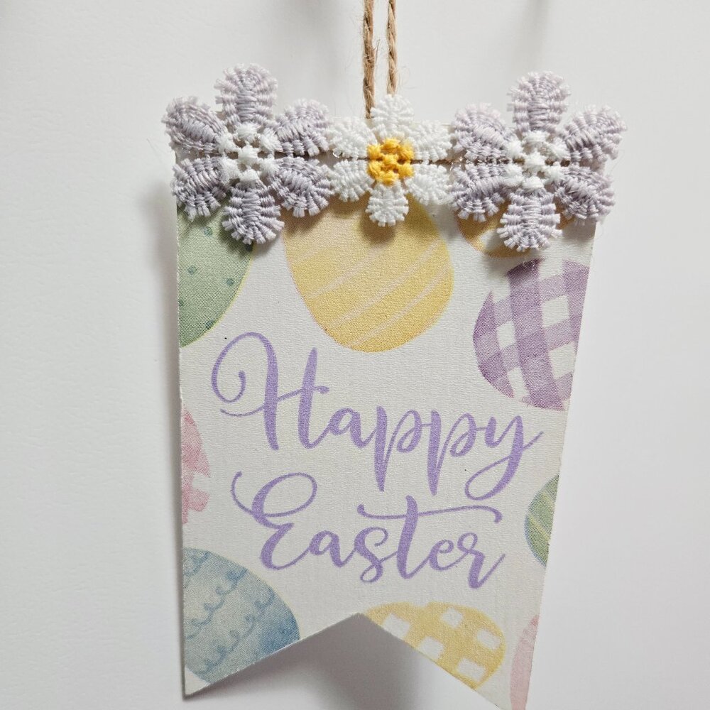 Handcrafted Decoupage Happy Easter Floral Wooden Hang Tag Tiered Tray Home Decor